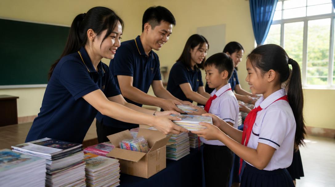 Volunteers delivering books to Vietnamese schoolchildren